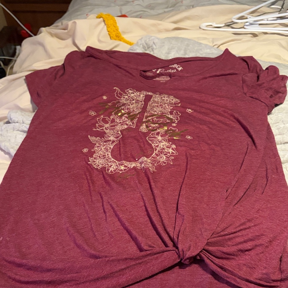 Elegant Burgundy Graphic Tee with Guitar Design